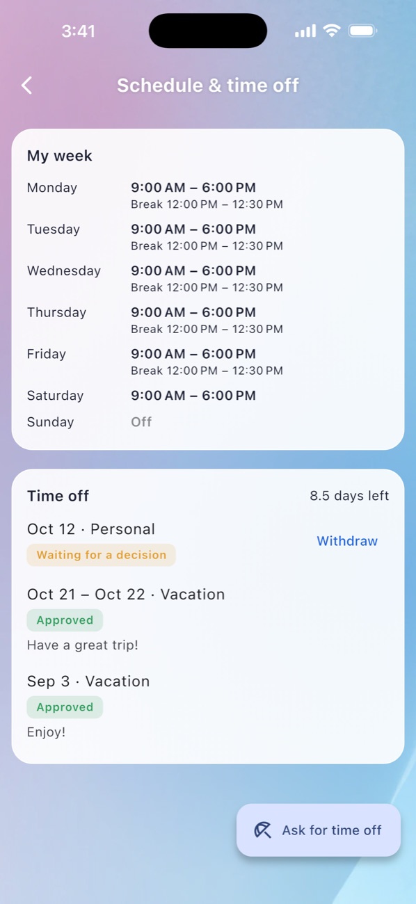 MniaPOS Hub: Schedule and time off