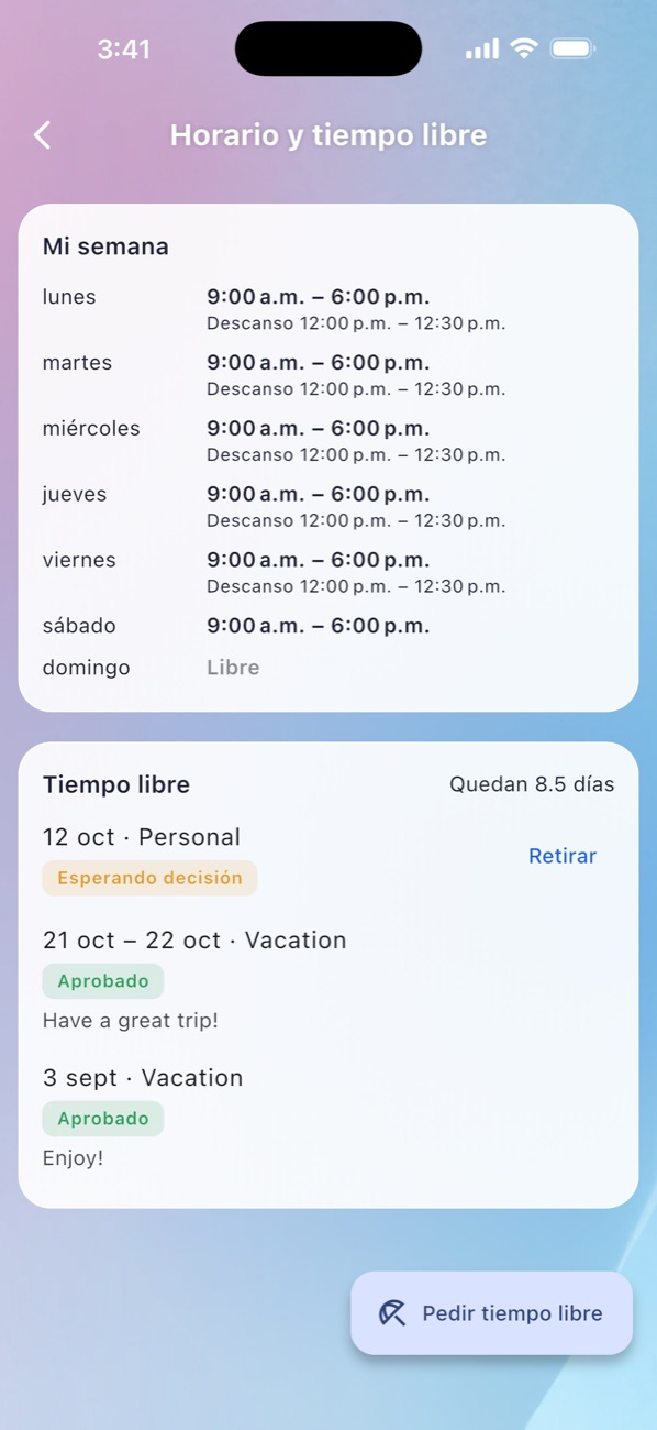MniaPOS Hub: Horario y tiempo libre